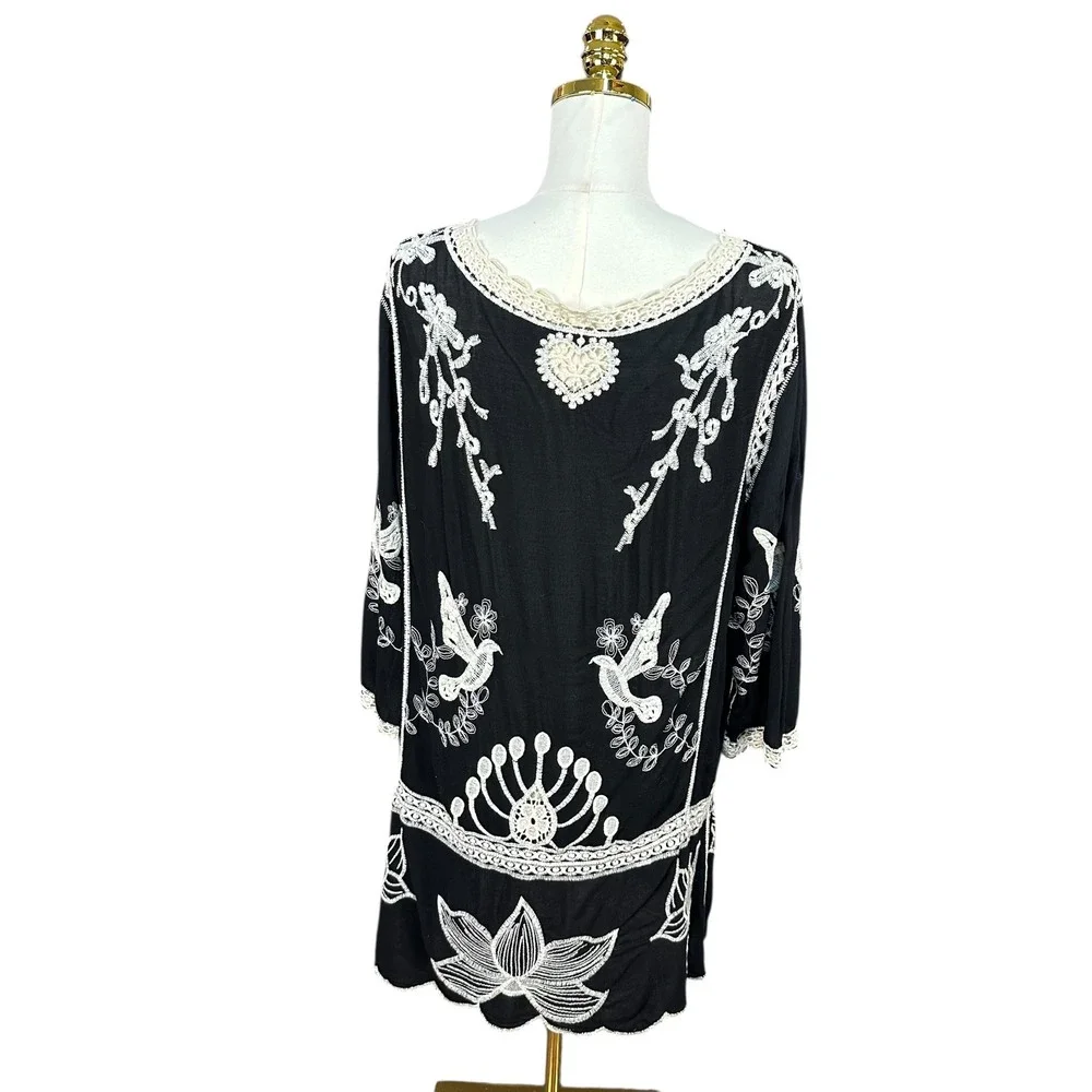 Boho Embroidered Bird Heart Lace Trim V-Neck Tunic Dress Black White 3/4 Sleeve - Picture 1 of 8